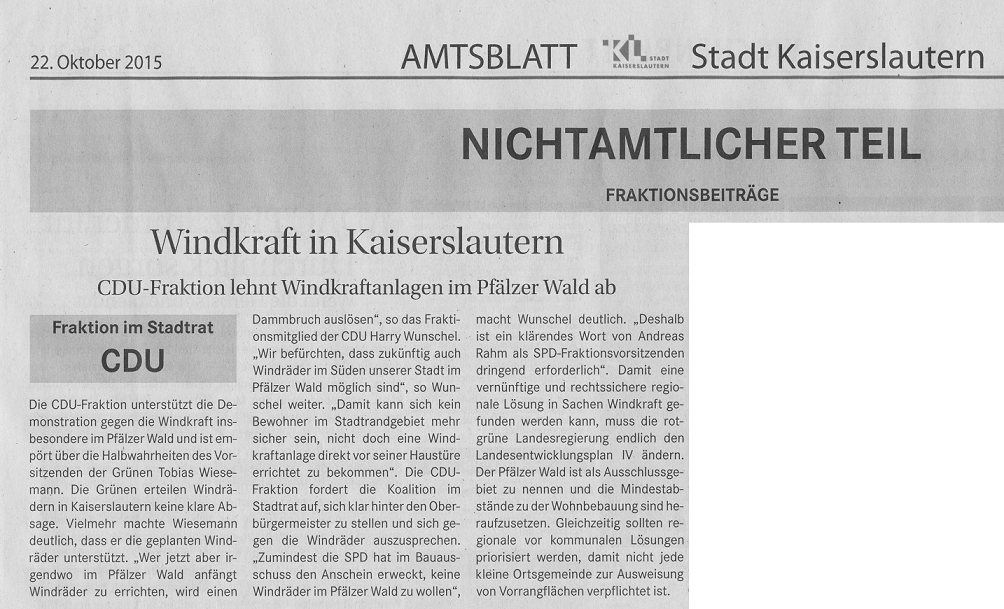 Artikel aus dem Wochenblatt Kaiserslautern vm 22.10.2015
